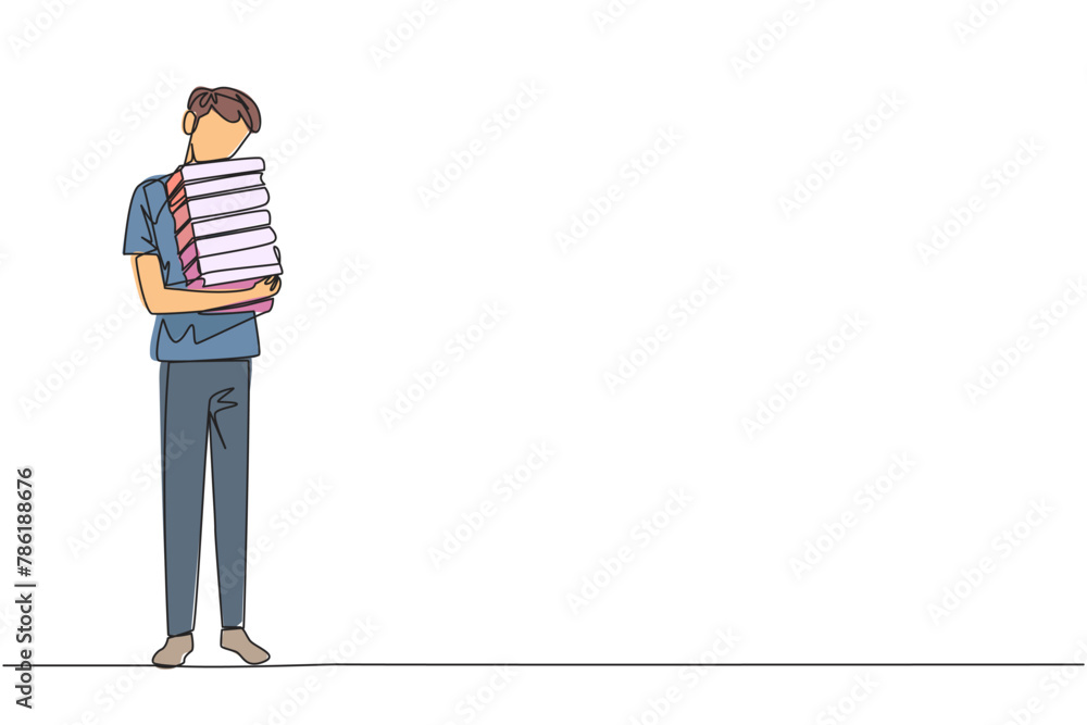 Poster continuous one line drawing man standing hugging some books. favorite book that finish reading. some