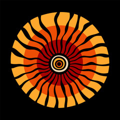 Stylized colorful sun or flower. Tribal round symbol circles isolated on black background. Red, yellow and orange colors. Vector color icon. Minimalistic graphic print. Vector color illustration. - 786188643