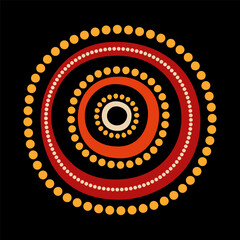 Stylized sun. Australian art. Aboriginal painting style. Smooth round shapes, dota and circles isolated on black background. Doodle sketch style. Minimalistic graphic print. Vector color illustration. - 786188664