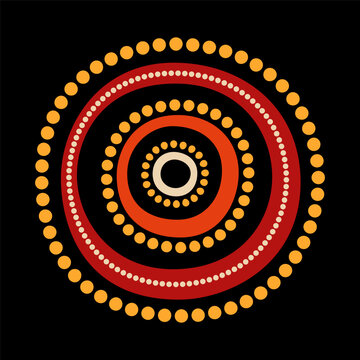 Stylized sun. Australian art. Aboriginal painting style. Smooth round shapes, dota and circles isolated on black background. Doodle sketch style. Minimalistic graphic print. Vector color illustration.