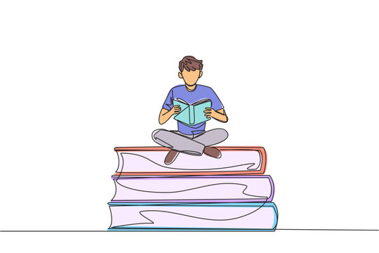 Single one line drawing man sitting cross-legged on pile of large books. Reading comic. Reading textbook. Read scientific journal. Reading increase insight. Continuous line design graphic illustration