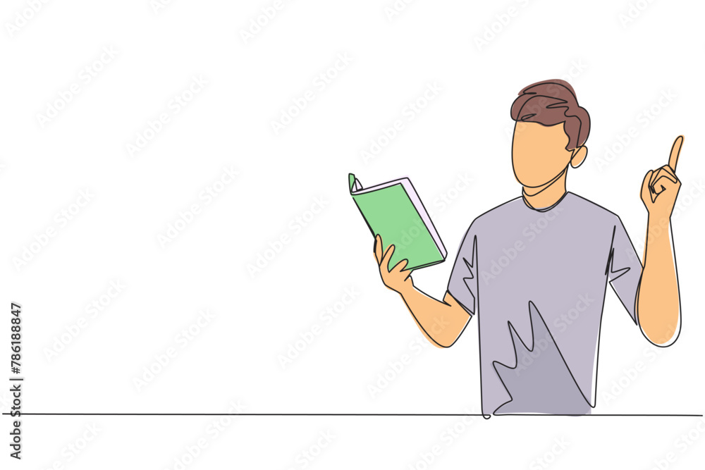 Poster continuous one line drawing man standing reading book. gesture gets the idea. books can see from dif