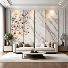 Modern living room with marble wall, sofa and floral decor. 3d render