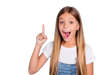 Close-up portrait of her she nice cute lovely smart clever intelligent attractive funny straight-haired blonde pre-teen girl pointing up opened mouth isolated on blue pastel background