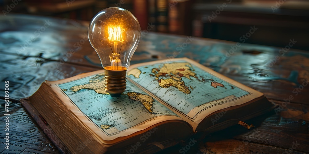 Poster illuminating the world of global cultures a light bulb on an open book symbolizing enlightenment thr