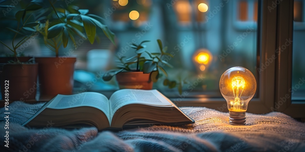 Poster cozy reading nook with illuminating light bulb and open book encouraging learning and idea developme