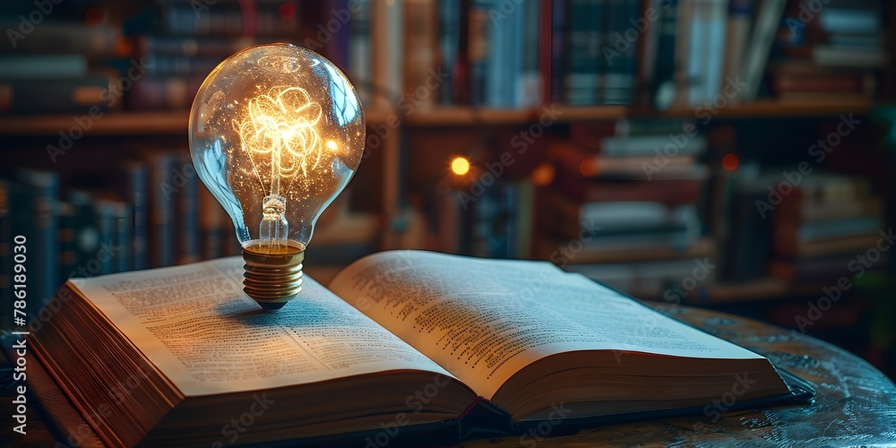 Poster illuminating knowledge a light bulb igniting the pages of a technical manual symbolizing the power o