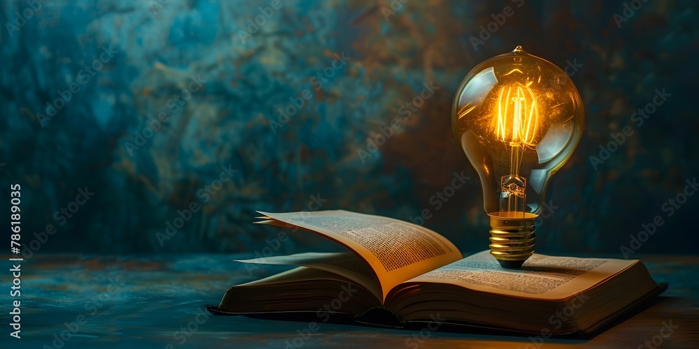 Poster illuminating the path of knowledge a symbolic image of a lit bulb over an open book against a myster