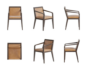 Set of six views of a modern armchair with wooden legs and armrests, beige leather seat and back isolated on a transparent background. Front view, top view, two sides, and two perspectives. 3d render
