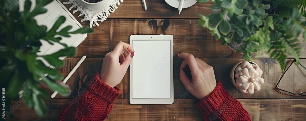 Aufkleber workspace with dual device usage top view of hands holding tablet and smartphone