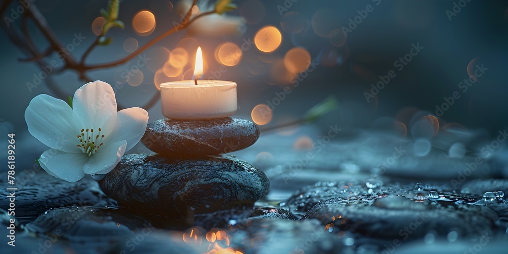 Sticker serene zen stones glowing candle and delicate white flower promoting wellness and tranquility