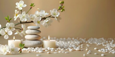 Obraz na płótnie Canvas Serene Zen Wellness Spa Setup with Floral Accents and Candles on Beige Background