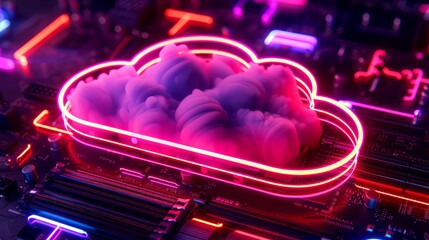 Neon pink cloud shaped neon sign with smoke inside , placed on top of computer hardware with a purple and blue illuminated background - Powered by Adobe