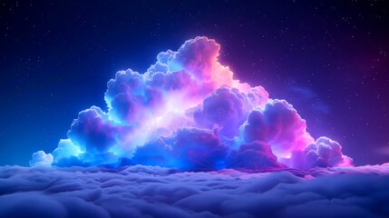 Vibrant clouds with a pink and blue neon glow against a starry night sky, above a layer of soft...