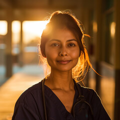 Portrait of hispanic nurse looking at camera at hospital