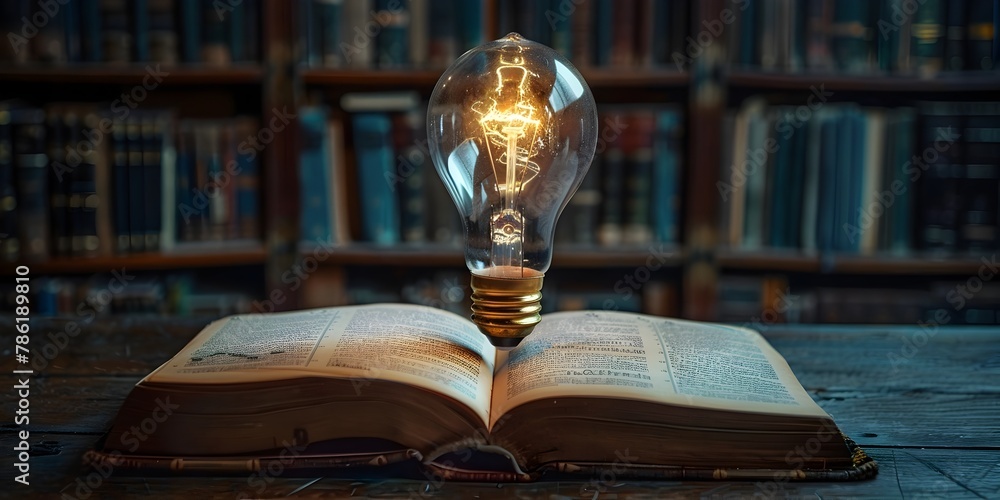 Poster illuminating insights a solitary light bulb illuminating a dense textbook representing deep learning