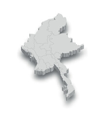 3d Myanmar white map with regions isolated