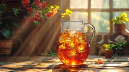 Rays of sunlight dance upon a pitcher of iced tea, evoking lazy afternoons and leisurely sips. - obrazy, fototapety, plakaty