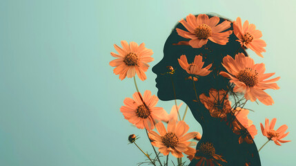 Woman’s Profile with Orange Flowers on Teal Background
