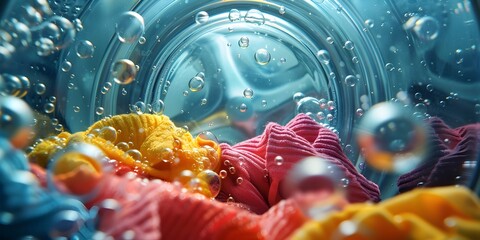 Vibrant Commercial Style Image of Washing Machine Mid Cycle with Floating Clothes and Detergent Bubbles