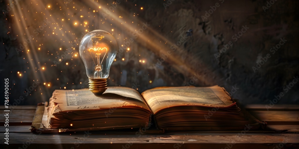 Poster vintage book with glowing light bulb casting illuminating shadows and patterns symbolizing breakthro