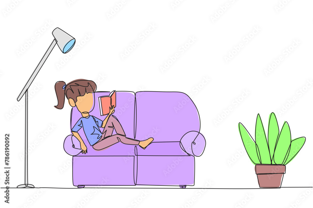 Poster continuous one line drawing girl sitting stretched out on the sofa reading a book. really like the c