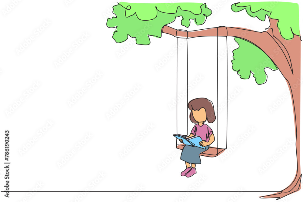 Poster continuous one line drawing girl sitting on swing under a shady tree reading a book. high enthusiasm