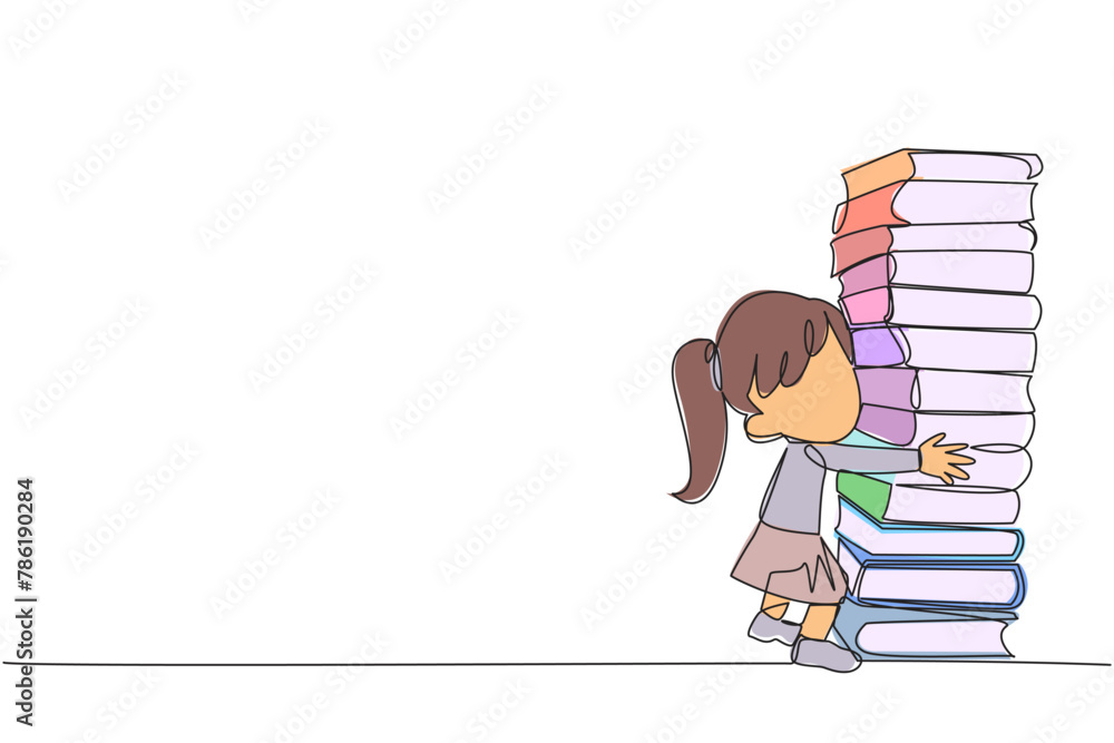 Poster continuous one line drawing girl hugging very high pile of books. hobby to collecting and reading bo