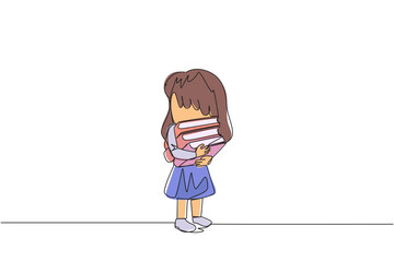 Single one line drawing girl standing hugging some books. Favorite book that finish reading. Some books will be donated to the national library. Knowledge. Continuous line design graphic illustration