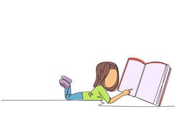 Single continuous line drawing girl lying on her stomach reading a big book. Enjoy reading books in a variety of styles. Reading increases insight. Love reading. One line design vector illustration