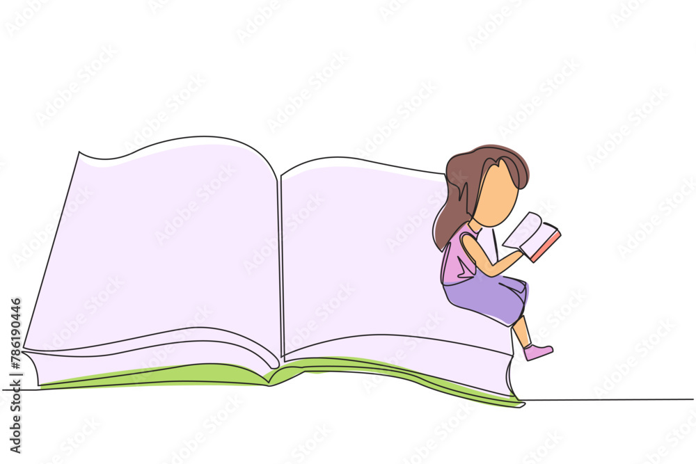 Poster single continuous line drawing serious girl sitting on the edge of a large open book. study before e