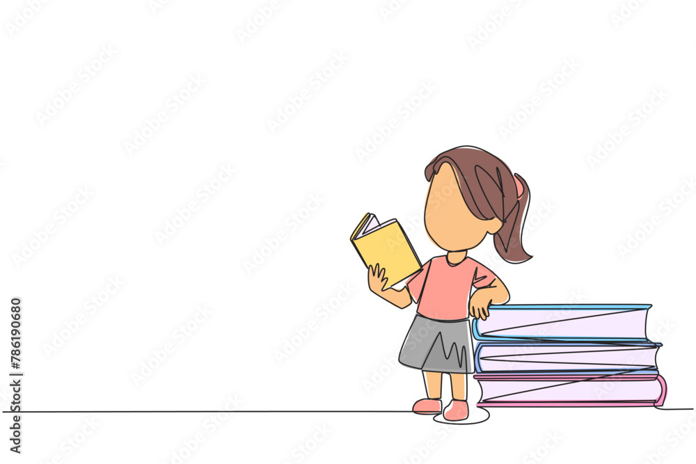 Poster continuous one line drawing girl standing reading a book while leaning against a pile of large books
