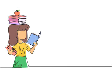 Single continuous line drawing girl read book practicing balance. Stack books on top of head along with the apple. Balancing reading rhythm, train focus. Love read. One line design vector illustration