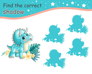 Find correct shadow of turquoise triceratops dinosaur vector