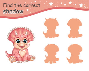 Find correct shadow of baby triceratops dinosaur vector illustration