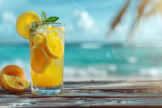 Tropical fruit slices and lemonade cocktails are brought out over a wooden table over the backdrop of a blue sea beach sandy and space, Generative AI.
