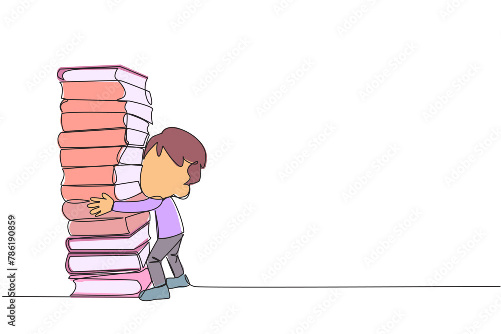 Poster continuous one line drawing boy hugging a very high pile of books. hobby to collecting and reading b