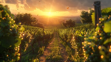Roam through a sun-drenched vineyard, where rows of lush grapevines stretch toward the horizon. 