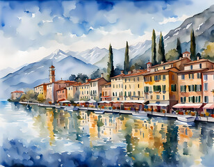 Fototapeta premium Watercolor sketch of a Mediterranean traditional town. Old building and snow capped mountains reflected in lake. Dramatic AI generated landscape. Digital illustration. CG Artwork Background