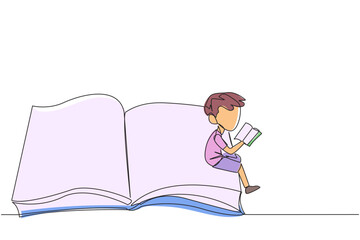 Single one line drawing serious boy sitting on the edge of a large open book. Study before exam time arrives. Read textbooks with focus. Reading is fun. Continuous line design graphic illustration