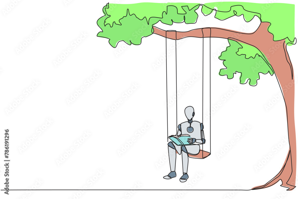 Poster continuous one line drawing robot sitting on a swing attached to a tree reading a book. really enjoy
