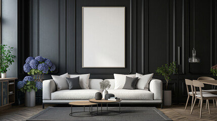 Modern interior of the living room in dark colors, there is an empty poster frame on one wall with white edges standing against the background of black metallic walls and parquet flooring