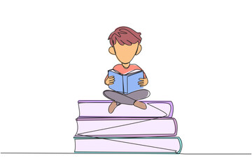 Single continuous line drawing boy sitting cross-legged on pile of large books. Reading comic. Reading textbook. Read scientific journals. Reading increase insight. One line design vector illustration