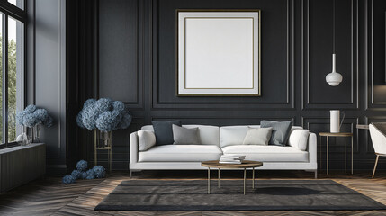 Modern interior of the living room in dark colors, there is an empty poster frame on one wall with white edges standing against the background of black metallic walls and parquet flooring