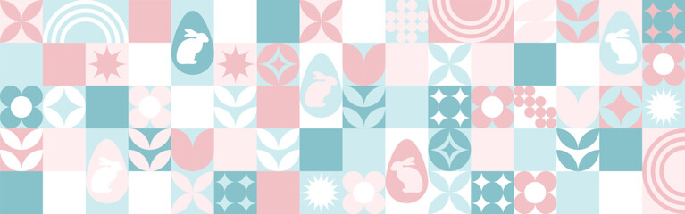 Seamless background for the spring holiday of Easter with a texture of circles and squares. Mosaic with geometric shapes, pastel background with eggs and hares. - 786191298