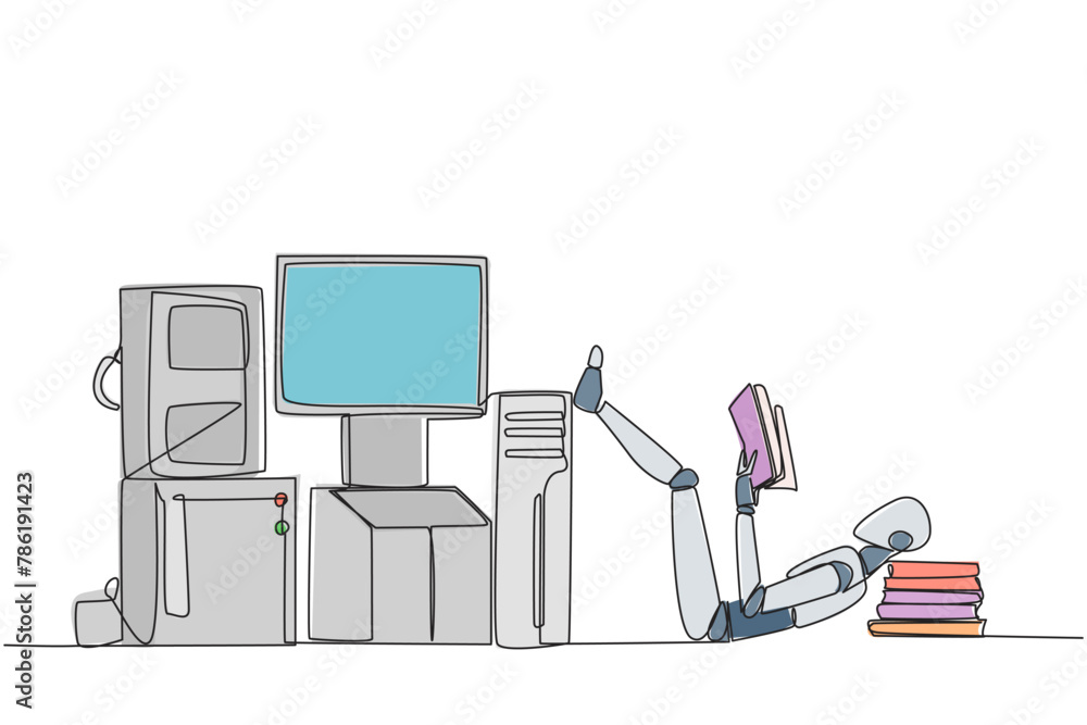Poster single continuous line drawing robot lying on back reading book. read guidebooks to assemble systems
