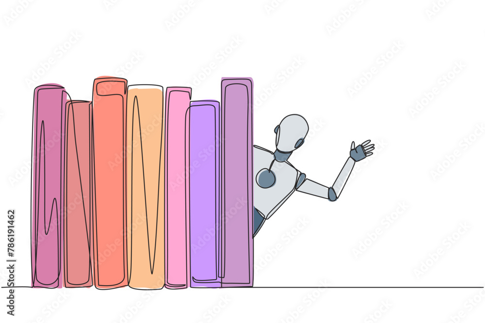 Poster single continuous line drawing smart robot appears from behind a row of books. invitation to read bo