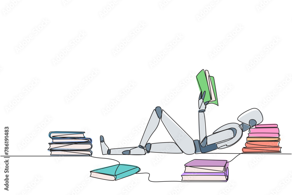 Poster single one line drawing smart robot lying down reading a book. lots of books scattered around. hobby