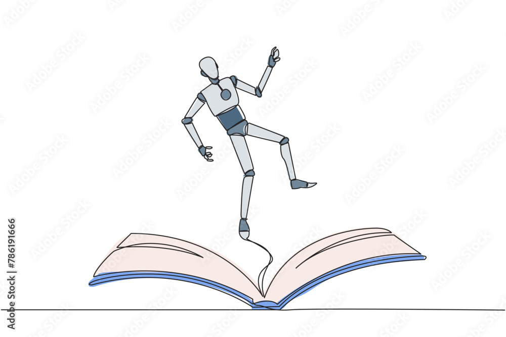 Poster continuous one line drawing robot hovering over an open book. imagination to be robot astronaut floa