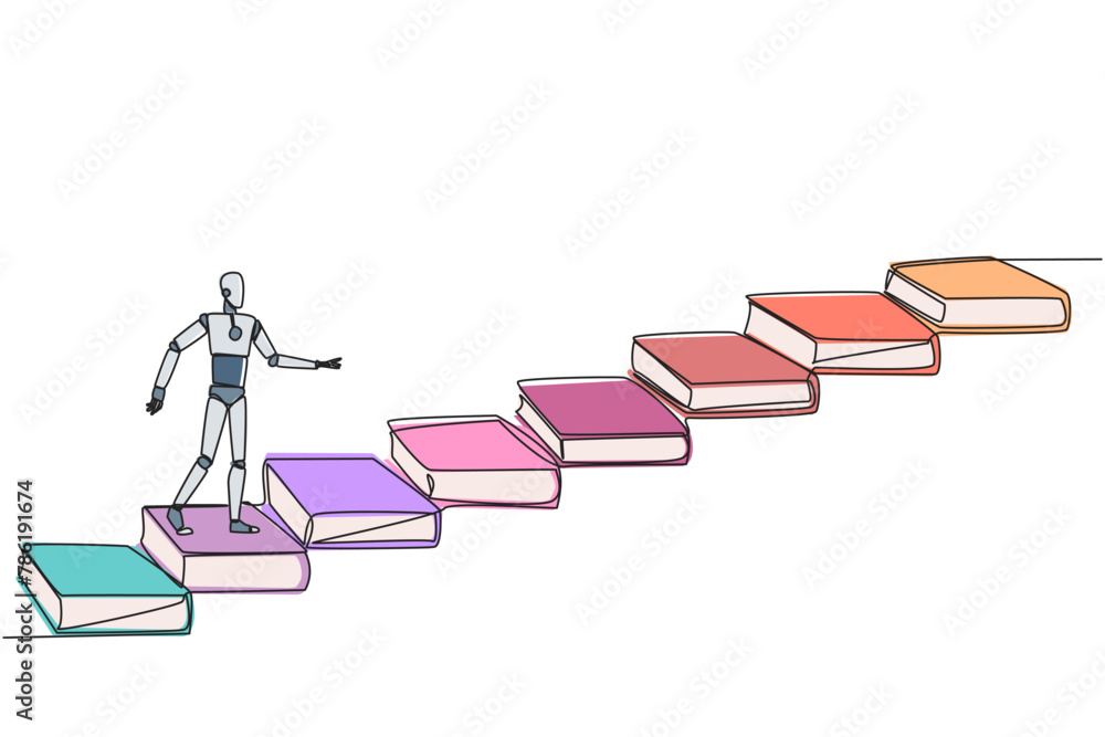 Poster single continuous line drawing smart robot climb stairs from book. reading increases knowledge which